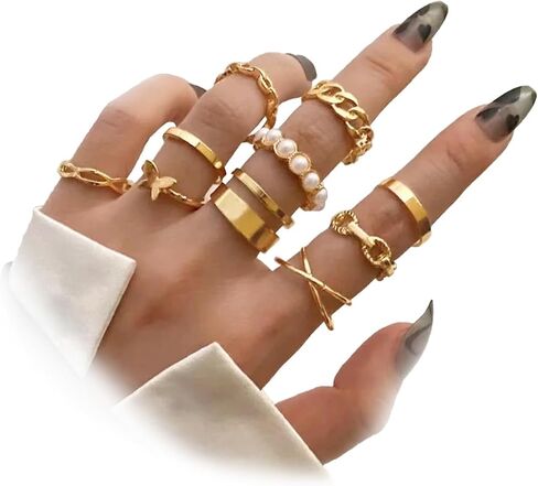 Gold Knuckle Rings Set for Women, Dainty Stackable Midi Rings Simple Stacking Joint Finger Rings Pack Adjustable Shiny Crystal Cute Pearl Butterfly Heart Rings Mixed Size in Kuwait
