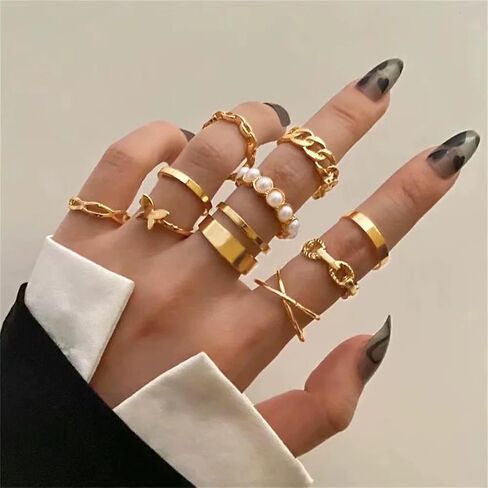 Gold Knuckle Rings Set for Women, Dainty Stackable Midi Rings Simple Stacking Joint Finger Rings Pack Adjustable Shiny Crystal Cute Pearl Butterfly Heart Rings Mixed Size in Kuwait