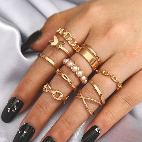 Gold Knuckle Rings Set for Women, Dainty Stackable Midi Rings Simple Stacking Joint Finger Rings Pack Adjustable Shiny Crystal Cute Pearl Butterfly Heart Rings Mixed Size in Kuwait