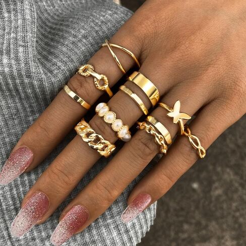 Gold Knuckle Rings Set for Women, Dainty Stackable Midi Rings Simple Stacking Joint Finger Rings Pack Adjustable Shiny Crystal Cute Pearl Butterfly Heart Rings Mixed Size in Kuwait