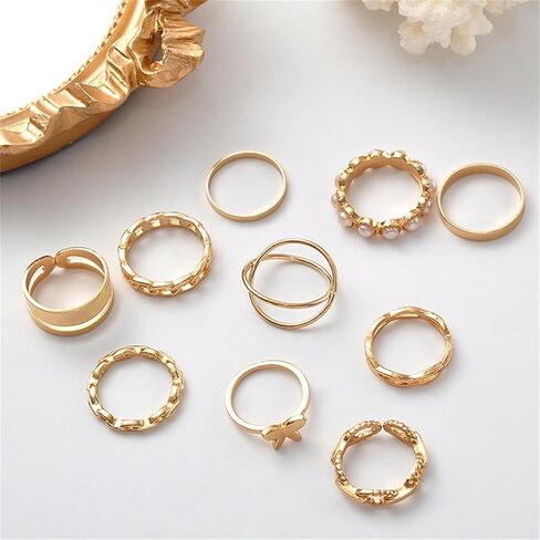 Gold Knuckle Rings Set for Women, Dainty Stackable Midi Rings Simple Stacking Joint Finger Rings Pack Adjustable Shiny Crystal Cute Pearl Butterfly Heart Rings Mixed Size in Kuwait