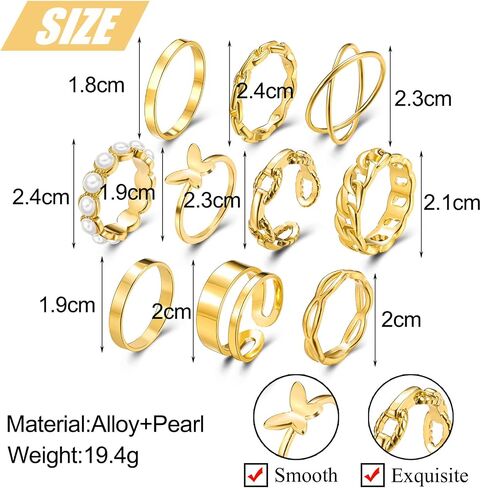 Gold Knuckle Rings Set for Women, Dainty Stackable Midi Rings Simple Stacking Joint Finger Rings Pack Adjustable Shiny Crystal Cute Pearl Butterfly Heart Rings Mixed Size in Kuwait