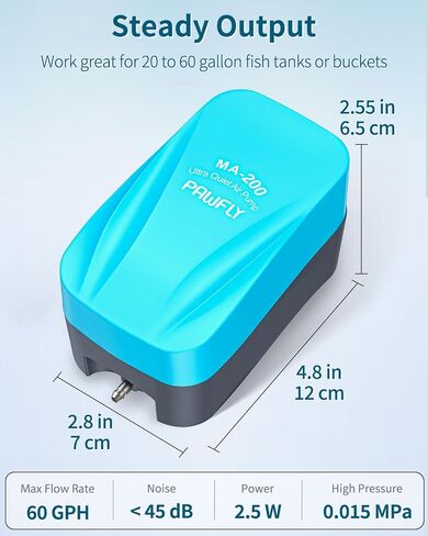 Pawfly Aquarium 40 GPH Compact Air Pump Quiet Oxygen Aerator Pump with Air Stone Airline Tubing and Check Valve Accessories for 5-20 Gallon Buckets and Fish Tanks in Saudi Arabia
