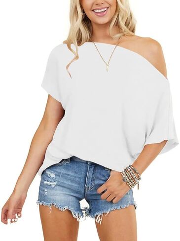 Off The Shoulder Tops for Women Short Sleeve Batwing Shirts Oversized Tee Tunic Summer Casual Loose Fit in Saudi Arabia