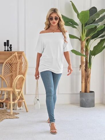 Off The Shoulder Tops for Women Short Sleeve Batwing Shirts Oversized Tee Tunic Summer Casual Loose Fit in Saudi Arabia