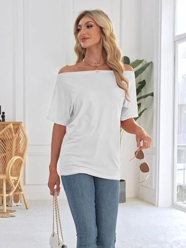 Off The Shoulder Tops for Women Short Sleeve Batwing Shirts Oversized Tee Tunic Summer Casual Loose Fit in Saudi Arabia