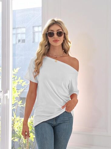Off The Shoulder Tops for Women Short Sleeve Batwing Shirts Oversized Tee Tunic Summer Casual Loose Fit in Saudi Arabia