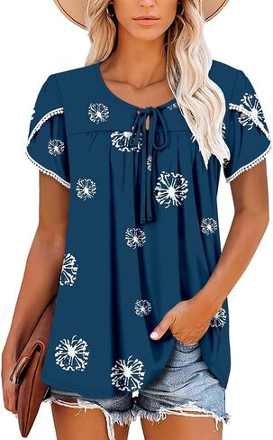 BETTE BOUTIK Womens Summer Tops Corded Short Sleeve Tunic Shirts Pleated Crewneck Corded Tops Blouses S-3XL in Kuwait