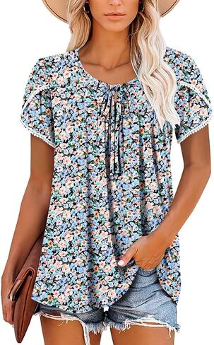 BETTE BOUTIK Womens Summer Tops Corded Short Sleeve Tunic Shirts Pleated Crewneck Corded Tops Blouses S-3XL in Kuwait