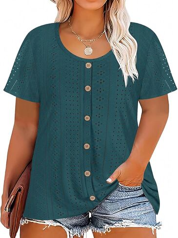 RITERA Plus Size Tops for Women Crewneck Neck with Button Up Short Sleeve Embroidery Henley Tshirt Casual Basic Shirt XL-5XL in Saudi Arabia