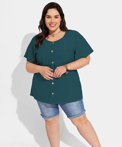 RITERA Plus Size Tops for Women Crewneck Neck with Button Up Short Sleeve Embroidery Henley Tshirt Casual Basic Shirt XL-5XL in Saudi Arabia