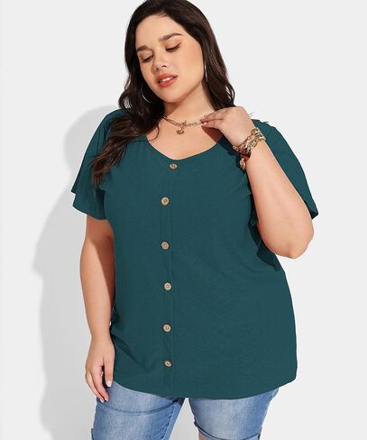 RITERA Plus Size Tops for Women Crewneck Neck with Button Up Short Sleeve Embroidery Henley Tshirt Casual Basic Shirt XL-5XL in Saudi Arabia