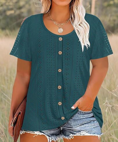RITERA Plus Size Tops for Women Crewneck Neck with Button Up Short Sleeve Embroidery Henley Tshirt Casual Basic Shirt XL-5XL in Saudi Arabia