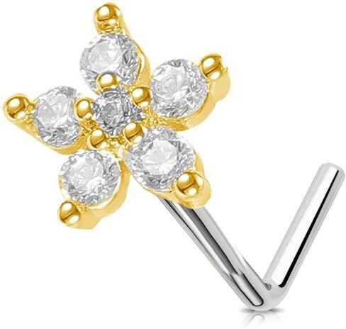 Dainty Flower L-Shaped Nose Ring Stud for Women Stainless Steel Crystal Cubic Zirconia Floral Nostril Piercing Jewelry Nose Studs Rings for Mother 20G in Saudi Arabia