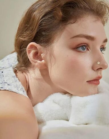Dainty Flower L-Shaped Nose Ring Stud for Women Stainless Steel Crystal Cubic Zirconia Floral Nostril Piercing Jewelry Nose Studs Rings for Mother 20G in Saudi Arabia