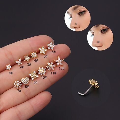 Dainty Flower L-Shaped Nose Ring Stud for Women Stainless Steel Crystal Cubic Zirconia Floral Nostril Piercing Jewelry Nose Studs Rings for Mother 20G in Saudi Arabia