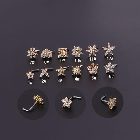 Dainty Flower L-Shaped Nose Ring Stud for Women Stainless Steel Crystal Cubic Zirconia Floral Nostril Piercing Jewelry Nose Studs Rings for Mother 20G in Saudi Arabia