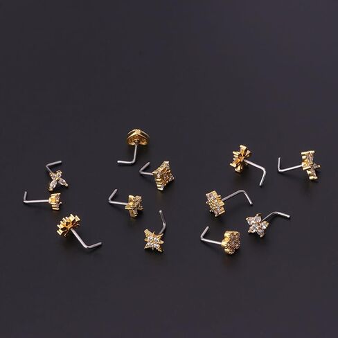 Dainty Flower L-Shaped Nose Ring Stud for Women Stainless Steel Crystal Cubic Zirconia Floral Nostril Piercing Jewelry Nose Studs Rings for Mother 20G in Saudi Arabia