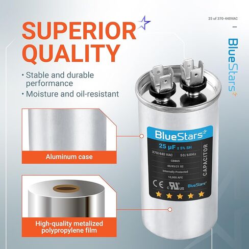 5uF mfd ±5% 370-440VAC Oval Run Start Capacitor Replacement Part by Blue Stars - Exact Fit for AC Motor Run or Fan Start and Cool or Heat Pump Air Conditioner - Replaces 97F5705 Z97F5705 97F95702 in Saudi Arabia