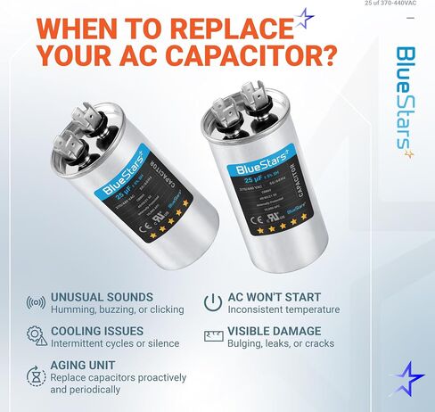 5uF mfd ±5% 370-440VAC Oval Run Start Capacitor Replacement Part by Blue Stars - Exact Fit for AC Motor Run or Fan Start and Cool or Heat Pump Air Conditioner - Replaces 97F5705 Z97F5705 97F95702 in Saudi Arabia