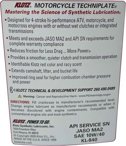 Klotz Motorcycle TechniPlate with Integrated Transmission, Hi-Performance Synthetic Motor Oil Lubricant for 4-Stroke Engines | 10W-40 – KL-840 – 1 Quart in Saudi Arabia