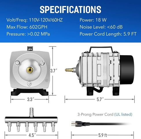 Simple Deluxe LGPUMPAIR38 602 GPH 18W 38L/min 6 Adjustable Flow Outlets with Airline Tubing 25 Feet for Aquarium, Pond, Hydroponics Systems Air Pump, 1 Pack, Silver in Saudi Arabia