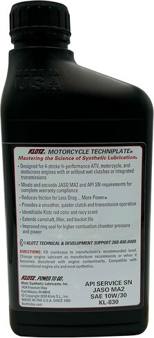 Klotz Techniplate دراجة نارية مع انتقال متكامل ، زيوت تشحيم زيت المحرك الاصطناعي HI-Performance لمحركات 4-Stroke | 10W-40-KL-840-1 Quart in Kuwait