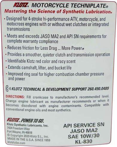 Klotz Techniplate دراجة نارية مع انتقال متكامل ، زيوت تشحيم زيت المحرك الاصطناعي HI-Performance لمحركات 4-Stroke | 10W-40-KL-840-1 Quart in Kuwait