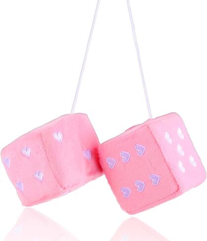 2 Pcs Fuzzy Plush Heart Embroidered Baby Pink Dice 2.9Inch Pink Dice with White Dots Cute Decorative Car Mirror Hanging Ornaments for Car Interior Hanging Ornament Decoration Accessories in Saudi Arabia
