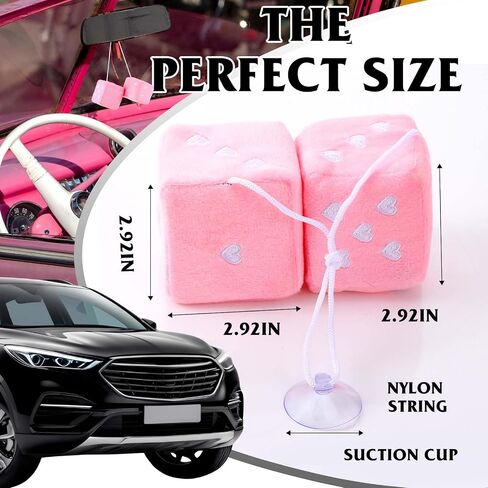 2 Pcs Fuzzy Plush Heart Embroidered Baby Pink Dice 2.9Inch Pink Dice with White Dots Cute Decorative Car Mirror Hanging Ornaments for Car Interior Hanging Ornament Decoration Accessories in Saudi Arabia