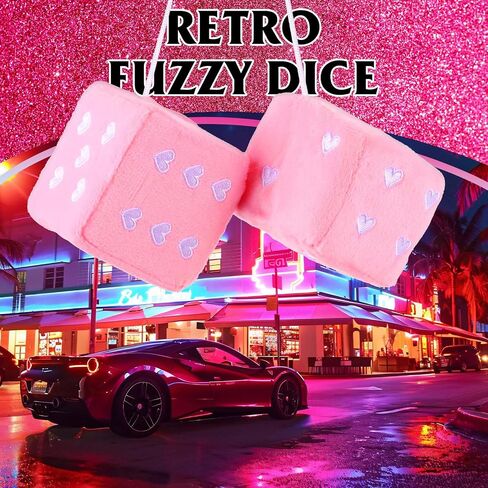 2 Pcs Fuzzy Plush Heart Embroidered Baby Pink Dice 2.9Inch Pink Dice with White Dots Cute Decorative Car Mirror Hanging Ornaments for Car Interior Hanging Ornament Decoration Accessories in Saudi Arabia