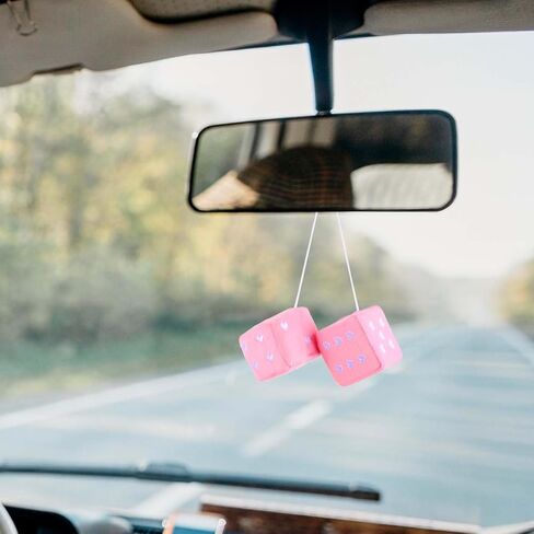 2 Pcs Fuzzy Plush Heart Embroidered Baby Pink Dice 2.9Inch Pink Dice with White Dots Cute Decorative Car Mirror Hanging Ornaments for Car Interior Hanging Ornament Decoration Accessories in Saudi Arabia