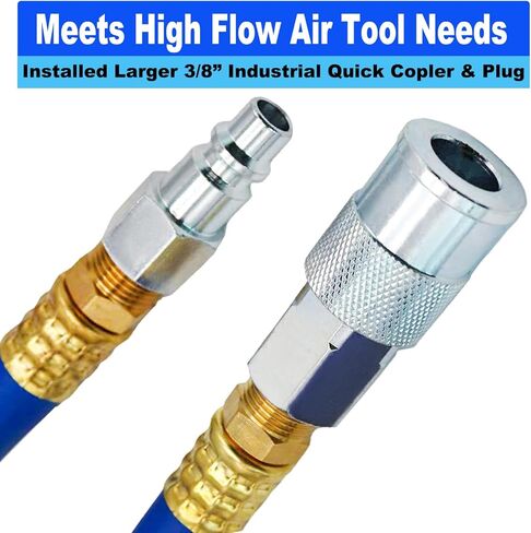 YOTOO Hybrid Air Hose 1/2-Inch I.D. by 100-Feet Long 3/8 inch MNPT Solid Brass Fittings 300 PSI Heavy Duty, Lightweight, Kink Resistant with 3/8" and 1/4" Industrial Quick Coupler Connectors, Blue in Saudi Arabia