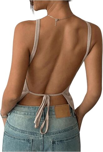 MakeMeChic Women's Tie Open Back Top Knit Backless Spaghetti Strap Going Out Tops in Kuwait