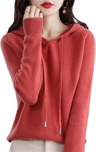 Womens Cashmere with Pullovers,Winter Casual Knitting Hoodie Fashion Sweater,Fall Drawstring Thick Sweater in Kuwait