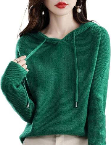 Womens Cashmere with Pullovers,Winter Casual Knitting Hoodie Fashion Sweater,Fall Drawstring Thick Sweater in Kuwait