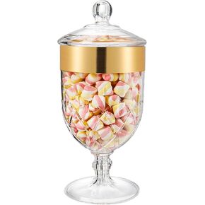 Hacaroa 76 Oz Large Plastic Apothecary Jar with Airtight Lid, Acrylic Candy Cookie Jar for Candy Buffet, Decorative Footed Wedding Container Bathroom Canister for Bath Salt, Vanity, Party, Gold Trim