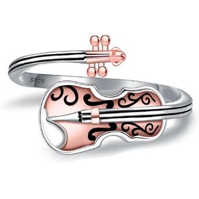Music Violin Ring for Women - 925 Sterling Silver Violins Rings Adjustable Music Jewelry Gifts for daugher Musical Lover Violinist