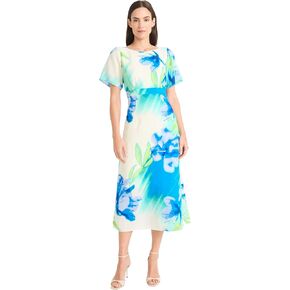 Maggy London Women's Floral Printed Midi Cocktail Dress with Boat Neckline and Empire Waist-Wedding Guest Ready