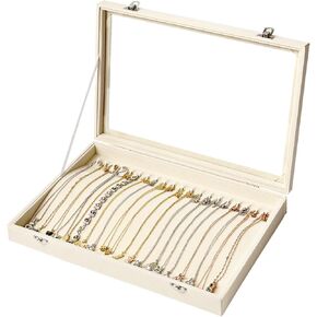 White 20 Hooks Necklace Organizer Box Necklace Tray Velvet with Clear Lid Necklace Storage Box Necklace Display Box Necklace Tray (White)