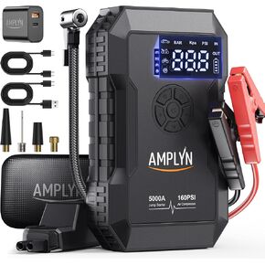 Car Battery Jump Starter with Air Compressor 160PSI,5000A 60W Portable Jump Starter Battery Pack (All Gas/10L Diesel),12V Starter Jump Box with Jumper Cables,Type C Fast Charging,3 Mode Light