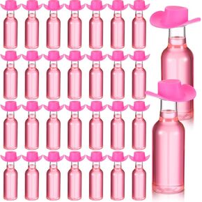Baderke 30 Packs 1. 7 oz Mini Liquor Bottles with Caps and Mini Cowboy Hats Plastic Shot Bottles with Cap and Cowgirl Hat for Birthday Wedding West Cowboy Bachelorette Party