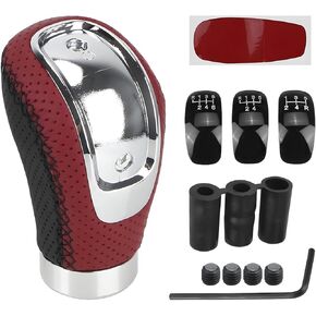 Car Gear Shift Knob, PU Leather 5 Speed Manual Automotive Gearbox Shifter Lever, Vehicle Transmission Shifting Stick Handle with 3 Adapters, Universal for SUV, Truck, RV (Black/Red)
