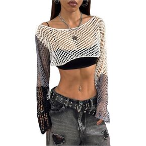 Verdusa Women's Hollow Out Color Block Sweaters Sheer Bell Sleeve Crochet Knit Crop Tops