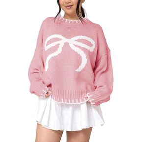 Women Y2K Bow Knit Sweater Crew Neck Long Sleeve Knitted Pullover Oversized Contrast Trim Knitwear