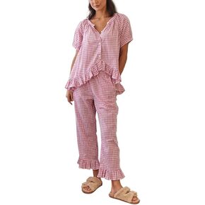 Argeousgor Women Plaid Pajama Sets 2 Piece Outfits Short Sleeve Button Down Shirt Ruffle Pants Pjs Lounge Set in Kuwait