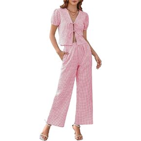 Women Y2k Gingham Sets Going Out Plaid Matching Pant Set Puff Short Sleeve Bow Tie Front Tops Pajamas Lounge Pants