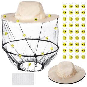 2 PCS Beekeeper Hat Costume Set, Bee Keeping Hat and Veil, 36 Felt Bees, 50 Double-Sided Tapes, Beekeeper Helmet, Cute Bee Keeper Catcher Costume for Halloween Theme Party