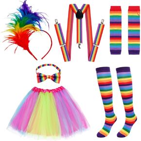 6PCS Halloween Clown Rainbow Costume Set Circus Colorful Outfit Feathers Headband Tutu Skirt Bow Socks Suspenders for Women Halloween Party Rave Costume Party Cosplay Prop