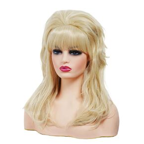 Rugelyss Long Wavy Blonde Wig with Bang Big Bouffant Beehive Wigs for Women Disco Mullet Wig fits 70s 80s Costume or Halloween Cosplay Party